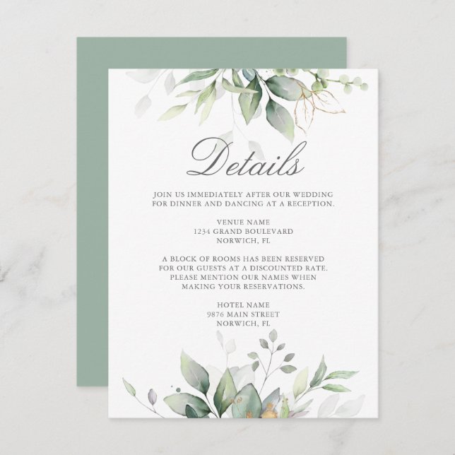 Cartão De Informações Eucalyptus Greenery Succulent Wedding (Frente/Verso)