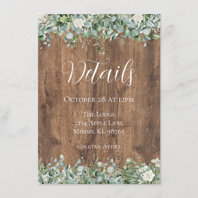 Cartão De Informações Eucalyptus Greenery Wedding Details Card | Rustic (Frente)