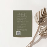 Cartão De Informações Eventos de Fim de Semana de Casamento Verde de Oli<br><div class="desc">Este moderno cartão de eventos de fim de semana de casamento verde-oliva é perfeito para um casamento simples. A design boho de madeira apresenta tipografia rústica única e na moda boêmica numa cor verde mínima de floresta florestal. Inclua um código QR para os convidados a pesquisar para obter mais detalhes....</div>