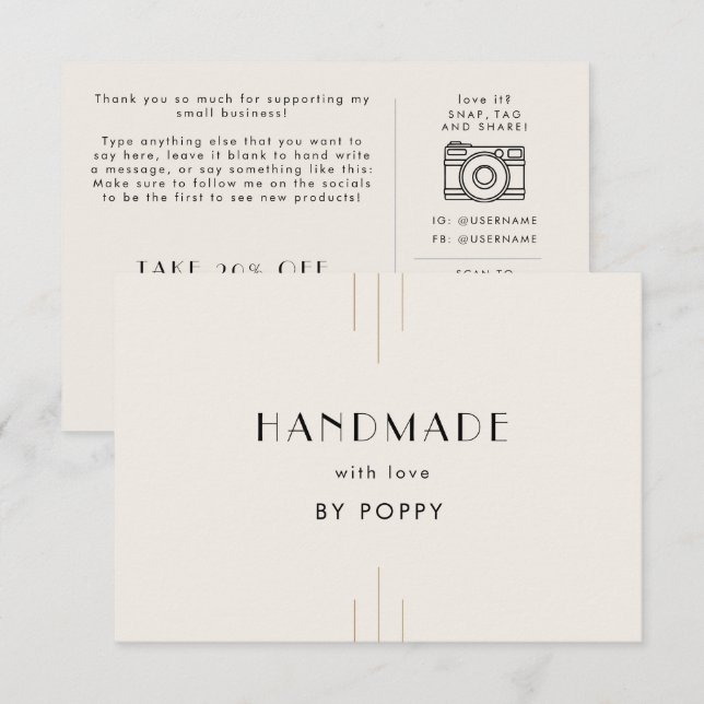 Cartão De Informações EVERLY Ivory Handmade with Love Thank You Order (Frente/Verso)