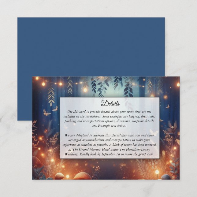 Cartão De Informações Fairy Lights and Moonlit Forest Magic Wedding (Frente/Verso)