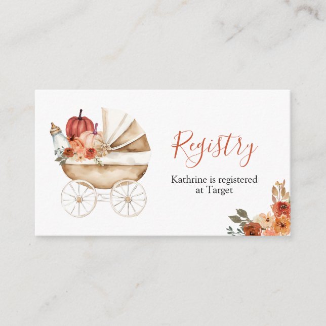 Cartão De Informações Fall Pumpkin Stroller Floral Baby Shower Registry (Frente)