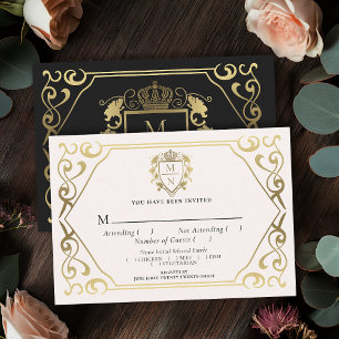 Cartão De Informações Fantasia Monograma Real Preta de Casamento RSVP