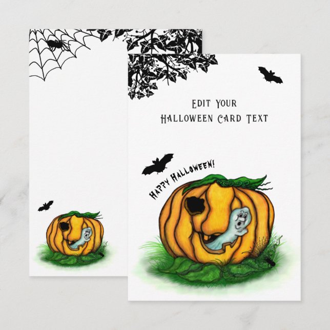 Cartão De Informações Fantasma do Halloween, Bat, Ghost e Spider (Frente/Verso)