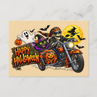 Cartão De Informações Feliz Halloween de Motoqueiro Esqueleto Assustador