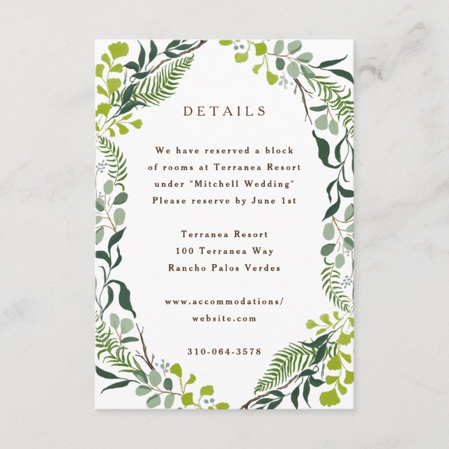 Cartão De Informações Fern Eucalyptus Greenery Wedding Escrito À Mão (Frente)