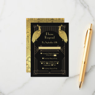 Cartão De Informações Festa Art Deco Pavão Speak Easy Dourado e Preto