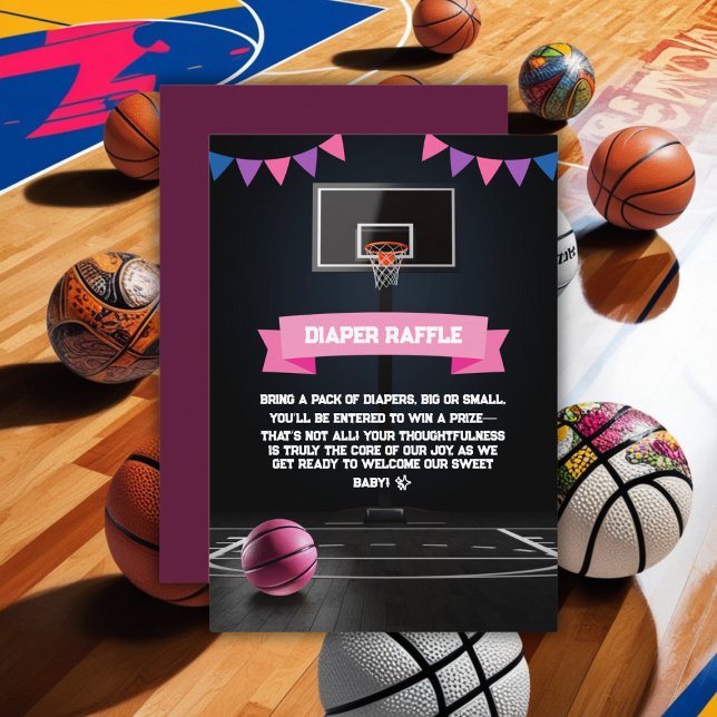 Cartão De Informações Festa de Chá de fraldas de Basquete Rosa (Criador carregado)