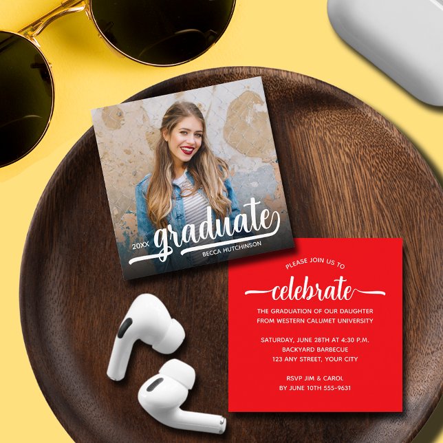 Cartão De Informações Festa de formatura Vermelha de Foto Moderna (SMALL 2.5" SQUARE graduation invitations are perfect to enclose with announcements or to hand out.)