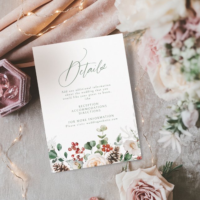 Cartão De Informações Festive Floral Holiday Winter Wedding Details (Festive Floral Holiday Winter Wedding Details Enclosure Card)
