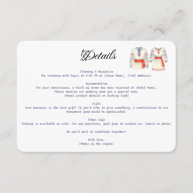 Cartão De Informações Figurinos Tradicionais de Casamento Russo Romenos (Frente)