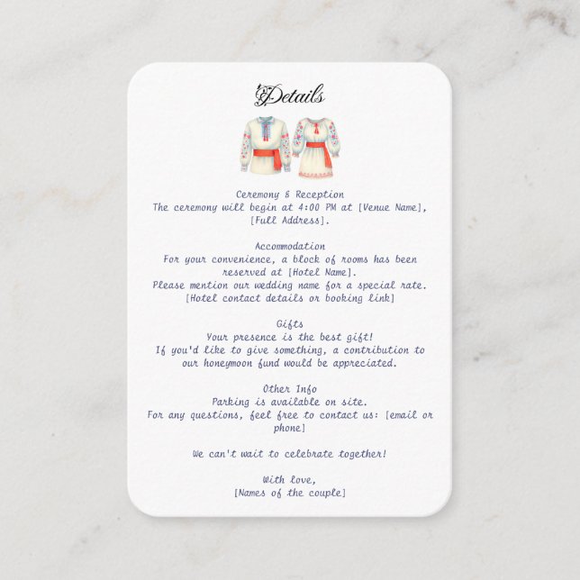 Cartão De Informações Figurinos Tradicionais de Casamento Russo Romenos (Frente)