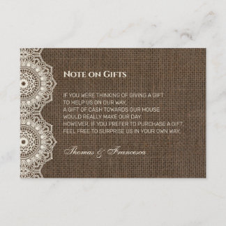 Cartão De Informações Filipiniana Lace no Burlap Wedt Gift Guide Card