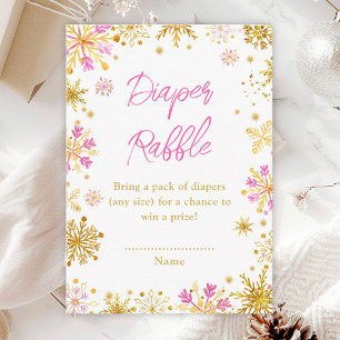 Cartão De Informações Flocos de Neve Rosa e Dourado Sorteio de Fraldas d
