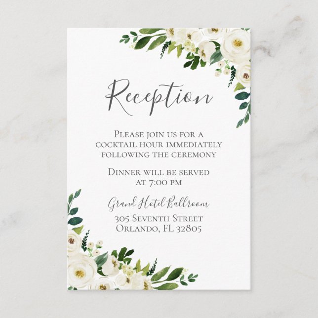Cartão De Informações Flor branca e placas de Recepção de casamento verd (Frente)
