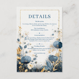 Cartão De Informações Flor Selvagem Dourada Casamento Marinho e Dourado