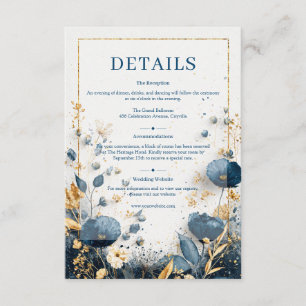 Cartão De Informações Flor Selvagem Dourada Casamento Marinho e Dourado