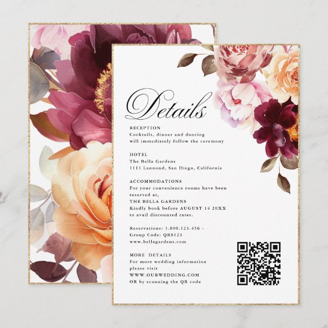 Cartão De Informações Floral Aquarela Detalhes Burgundy RSVP&QR Casament (Frente/Verso)
