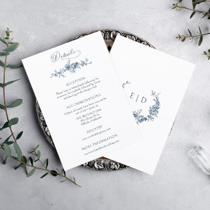 Cartão De Informações Floral Azul Francês Gravado Elegante