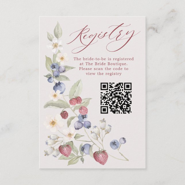 Cartão De Informações Floral Berry Sweet Bridal Shower QR Code Registry (Frente)