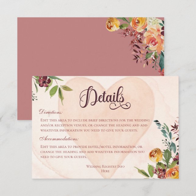 Cartão De Informações Floral Boho Heart Peach Detalhes do Casamento (Frente/Verso)