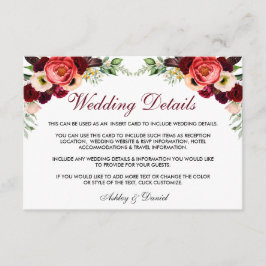 Cartão De Informações Floral Burgundy Boho Detalhes do Casamento Inserir