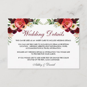 Cartão De Informações Floral Burgundy Boho Detalhes do Casamento Inserir