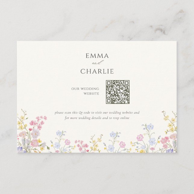 Cartão De Informações Floral Calligraphy QR Code Wedding Website (Frente)