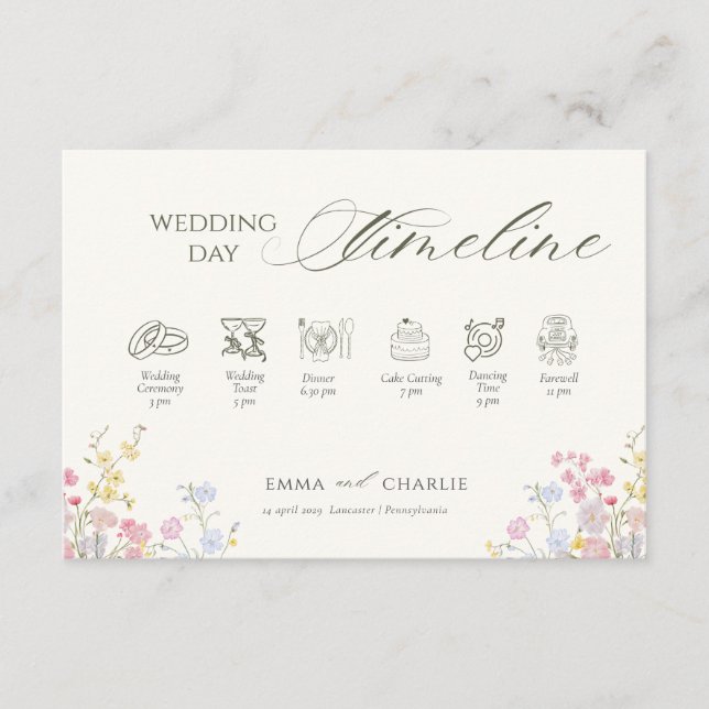 Cartão De Informações Floral Calligraphy  Wedding Day Timeline (Frente)