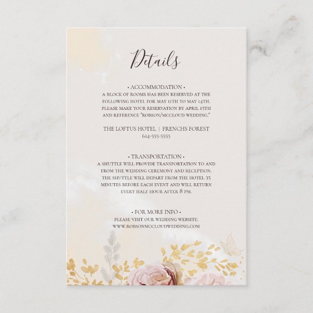 Cartão De Informações Floral de Blush Moderno | Detalhes da Aquarela (Frente)