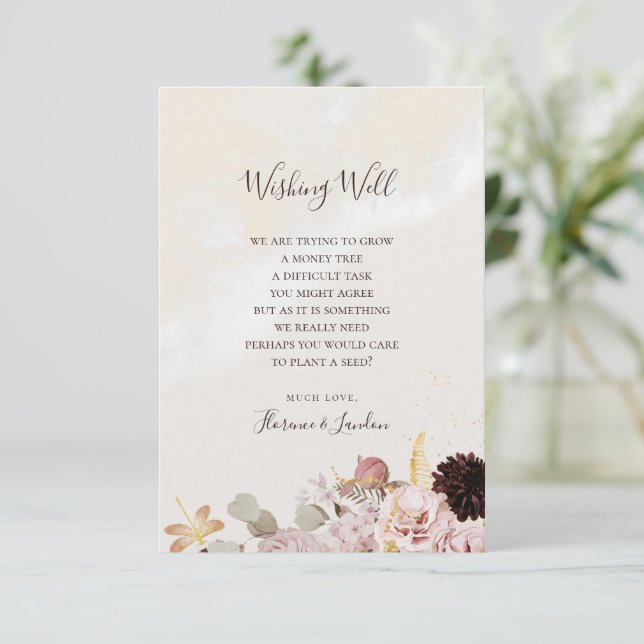 Cartão De Informações Floral de Blush Moderno | Marble Wedding Wishing w (Em pé/Frente)