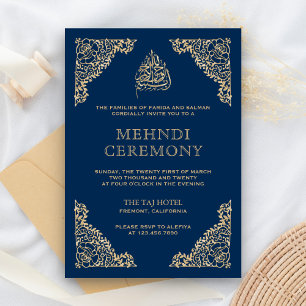 Cartão De Informações Floral Ornate Azul e Dourado Mehndi Islâmico Muçul