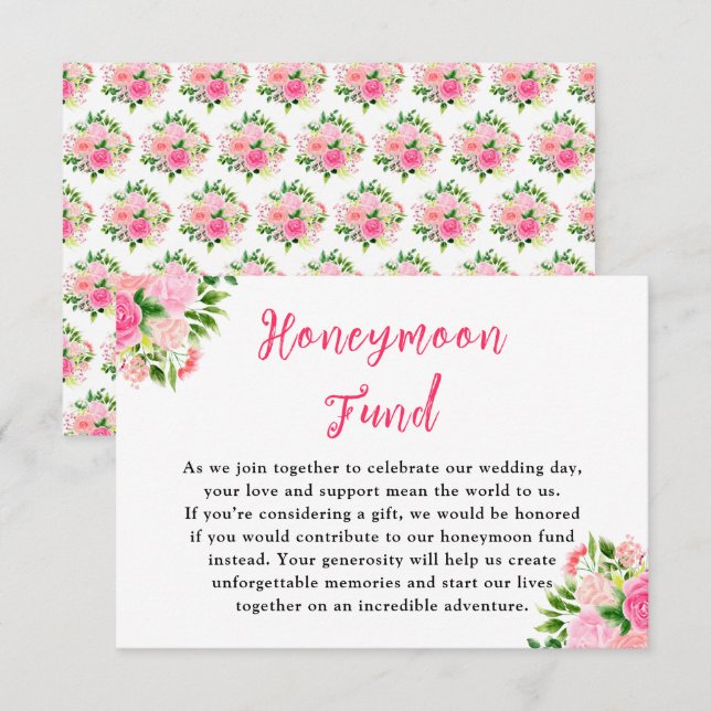 Cartão De Informações Floral Pink Roses Wedding Honeymoon Fund (Frente/Verso)