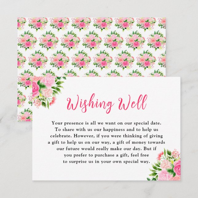 Cartão De Informações Floral Pink Roses Wedding Wishing Well (Frente/Verso)