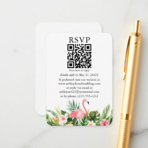 Cartão De Informações Floral Tropical de Aquarela QR RSVP Rosa Flamingo