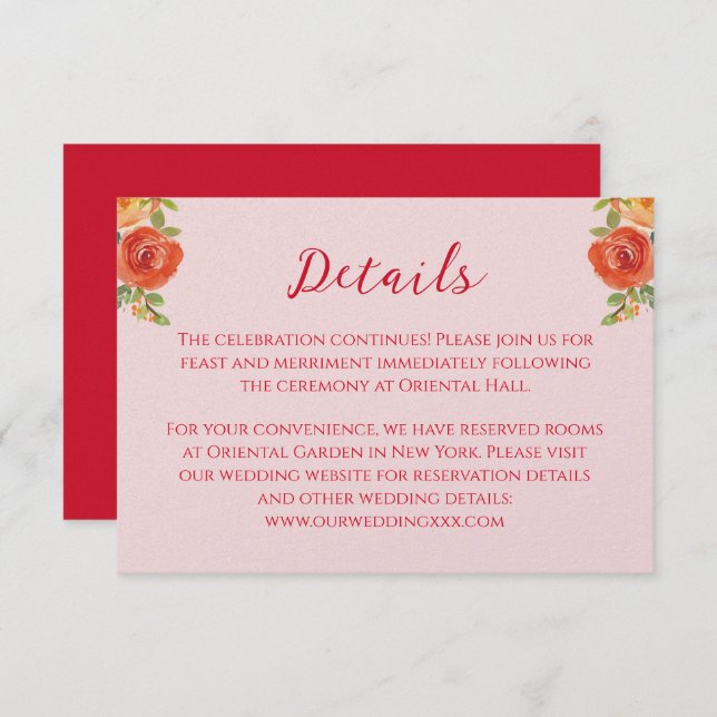 Cartão De Informações Flores amarelas alaranjadas Detalhes do casamento  (Frente/Verso)