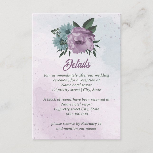 Cartão De Informações flores azuis roxas botânico casamento (Frente)