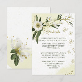 Cartão De Informações flores brancas e douradas folhas verdes detalhes