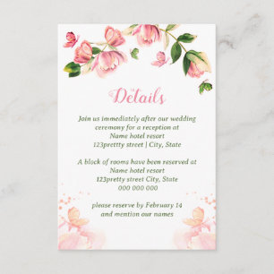 Cartão De Informações Flores cor-de-rosa-quente folhas verdes borboletas