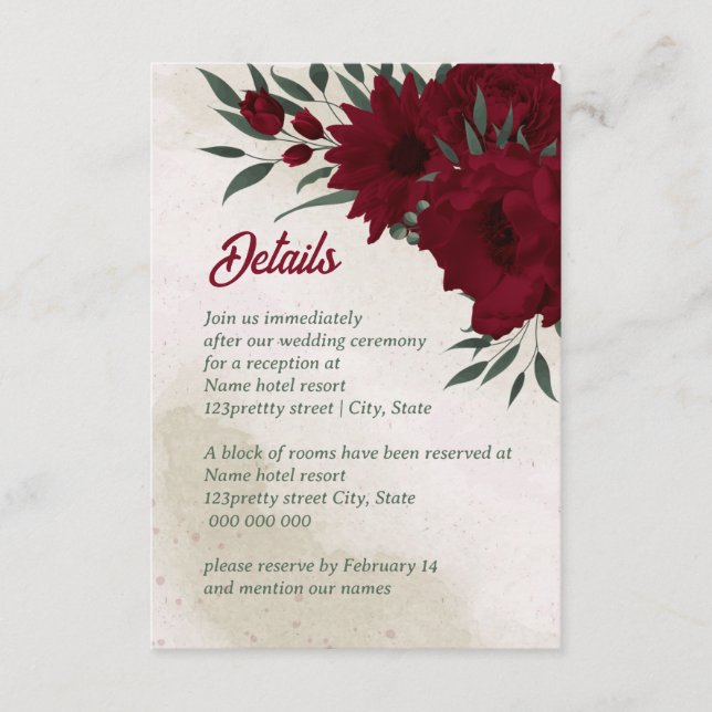 Cartão De Informações Flores de Borgonha casamento verde (Frente)