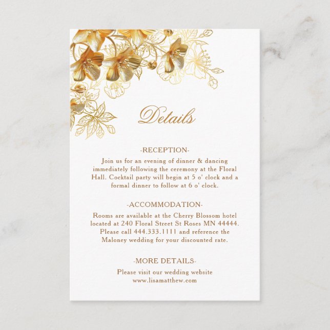 Cartão De Informações Flores Douradas 3D Brancas (Frente)