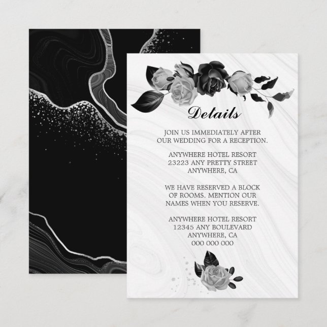 Cartão De Informações Flores e folhas prateadas e pretas elegantes (Frente/Verso)