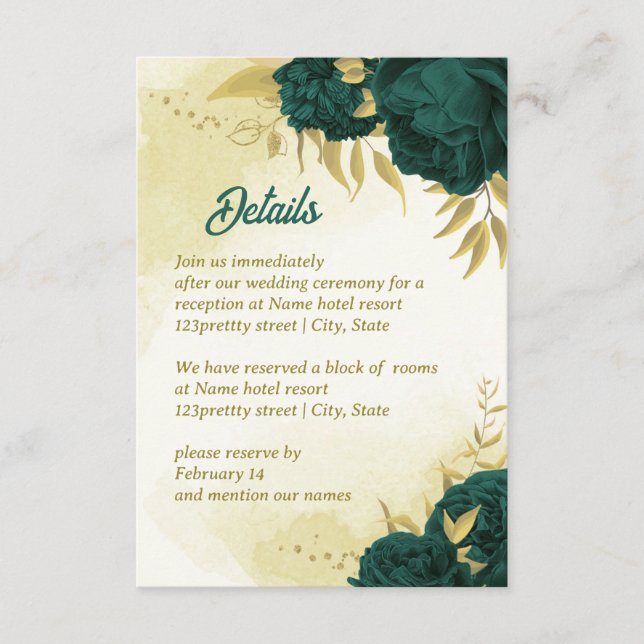 Cartão De Informações Flores esmeralda verde folhas douradas (Frente)