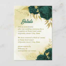 Cartão De Informações Flores esmeralda verde folhas douradas