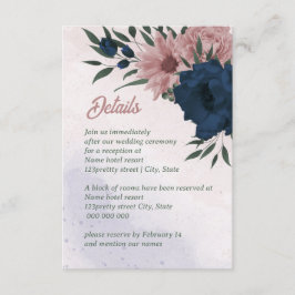 Cartão De Informações flores rosa e azul marinho botânico casamento