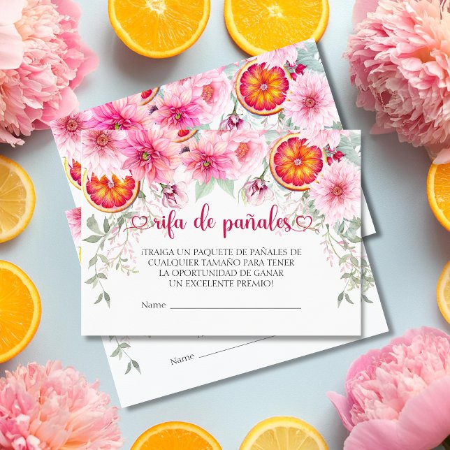 Cartão De Informações Flores rosa Fralda espanhola Chá de fraldas Raffle (Citrus & Pink Watercolor Flowers baby shower Spanish diaper raffle enclosure cards)