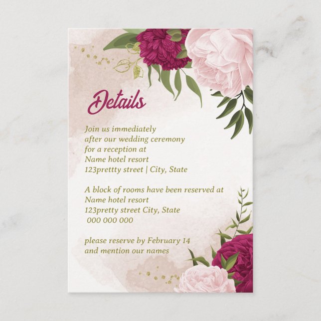 Cartão De Informações flores rosa magenta folhas verdes (Frente)