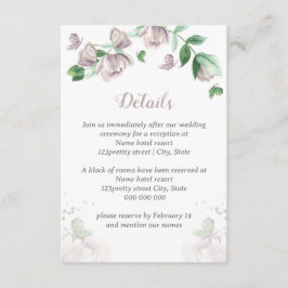 Cartão De Informações flores roxas folhas verdes borboletas casamento 