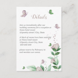 Cartão De Informações flores roxas folhas verdes borboletas casamento