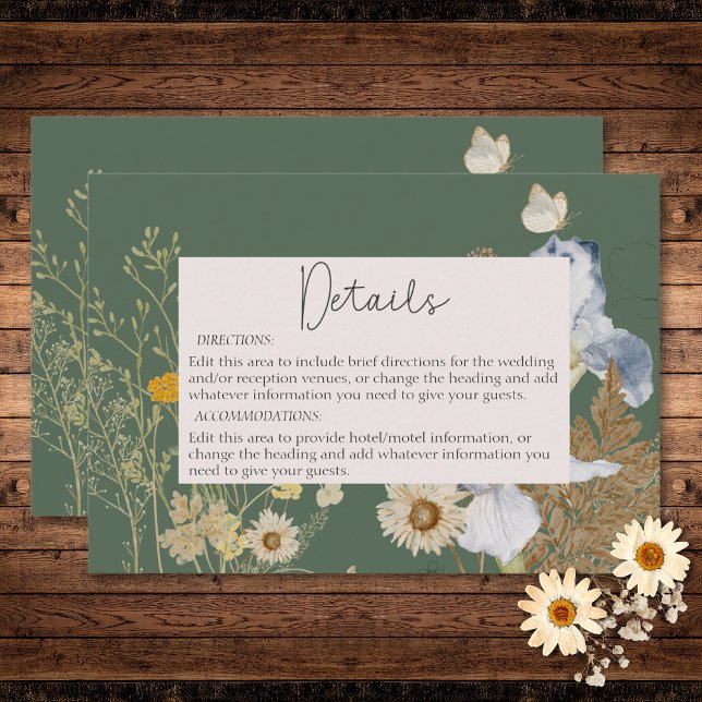 Cartão De Informações Flores Selvagens em Detalhes do Casamento de Sage (Wildflowers on Sage Wedding Details Enclosure Card)
